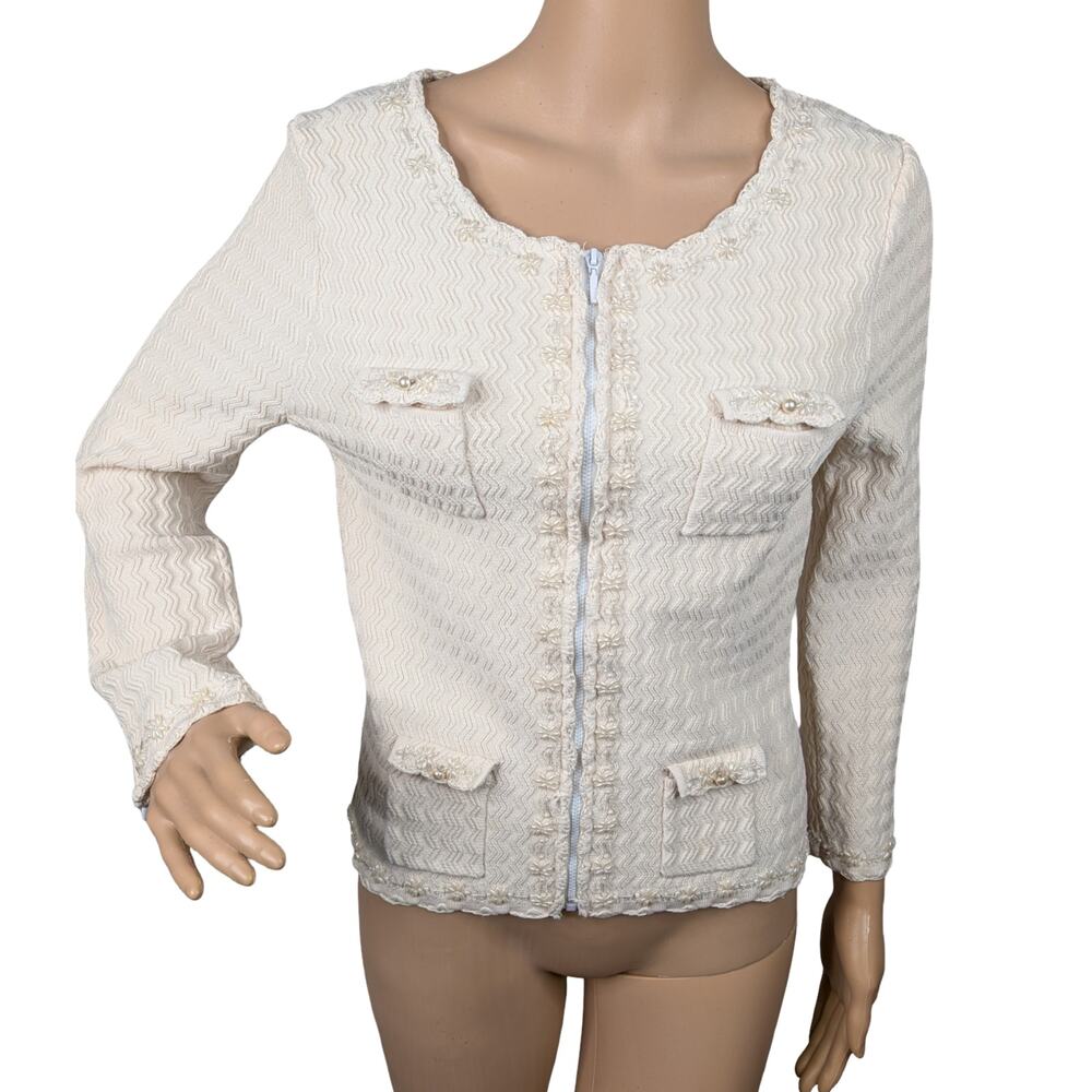 Vintage Arden B Silk Blend Zig Zag Knit Cardigan Large Y2K Beaded Lady Jacket - Picture 3 of 13